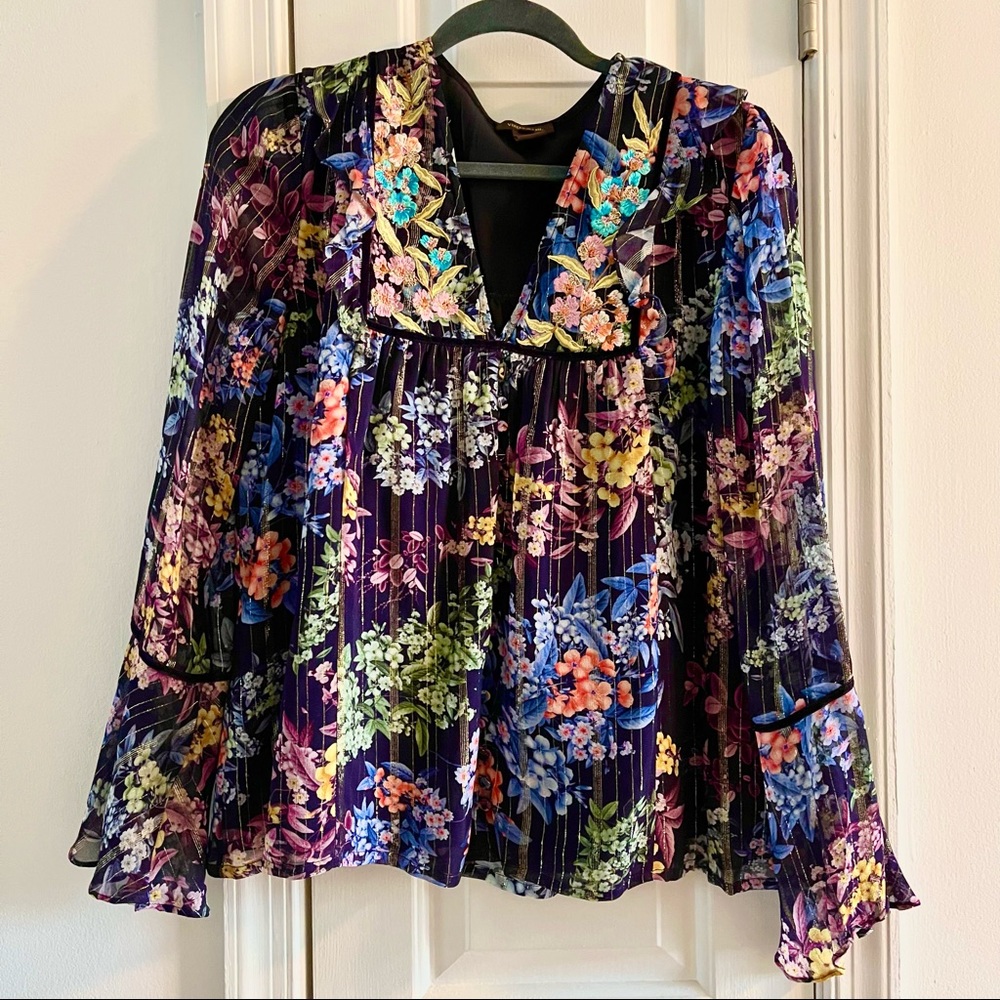 Anthropologie Vineet Bahl Black/Multi Floral Gold Striped Embroidered Blouse